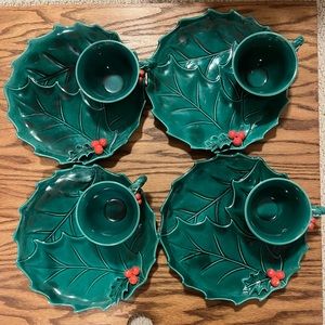 4 Vintage Lefton Holly Berry Christmas Large Snack Plate/Cup Dark Green 1363